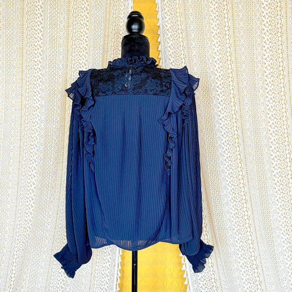 Anthropologie Sheer Pleated Ruffled Blouse Navy Blue | Corporate Goth | Size 1X - Picture 6 of 14